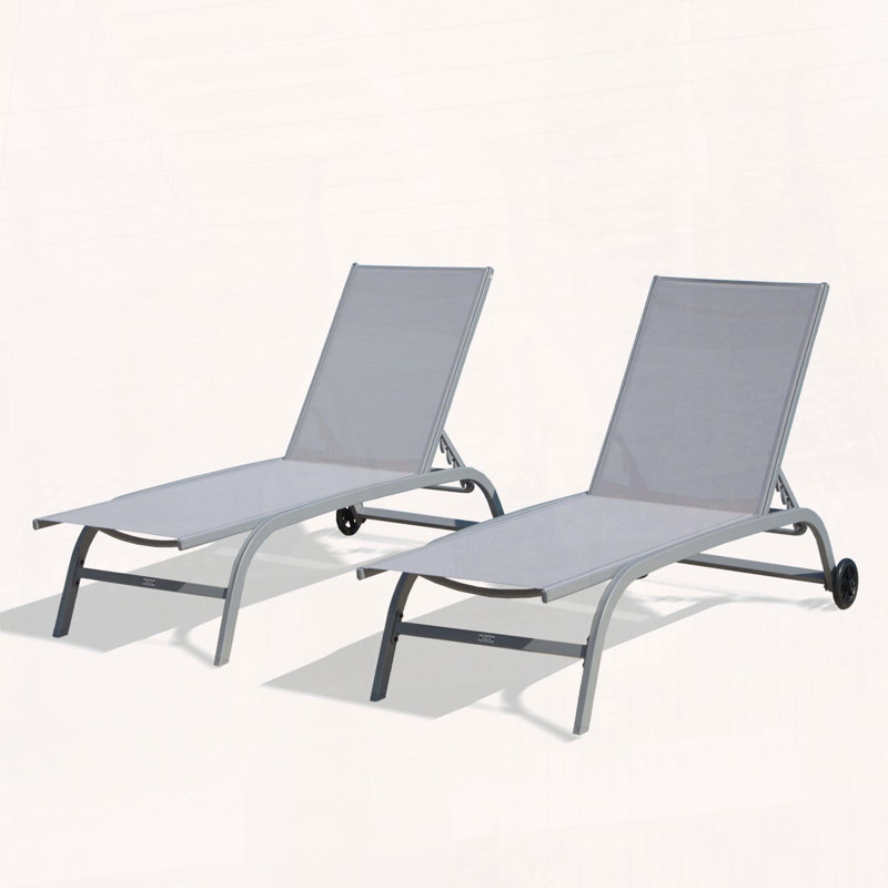 Chaise Lounge Outdoor Set of 2 with Wheels and Adjustable Positions, Gray