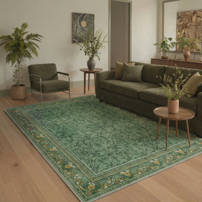 Vintage Botanical Vine Machine Washable Sage Green Area Rug, Floral Border Non-Slip Rug for Living Room Bedroom