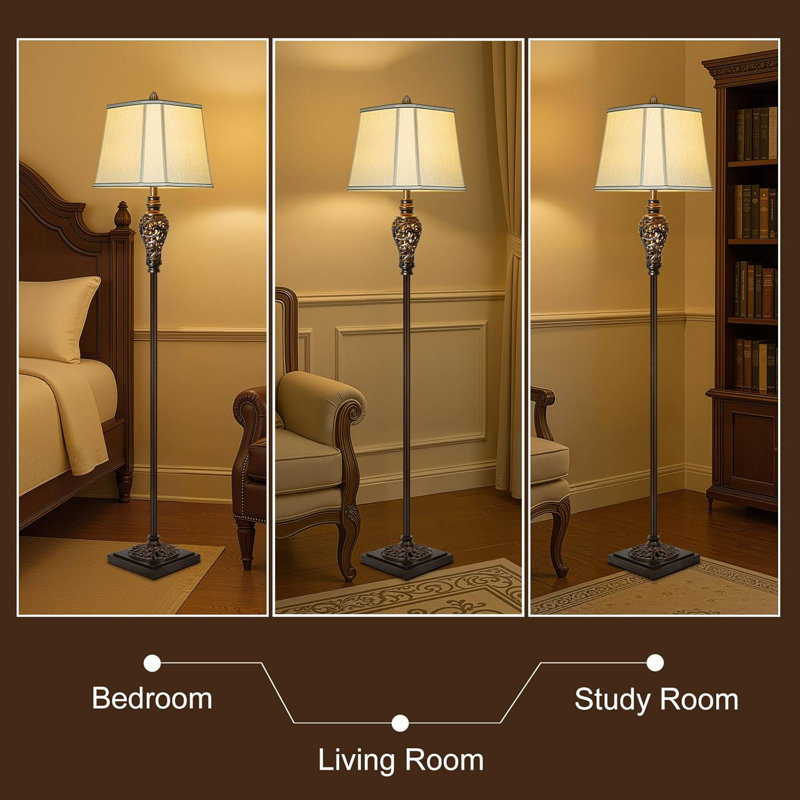 Lampe sur pied rétro 65 po avec finition brune et abat-jour en fausse soie beige