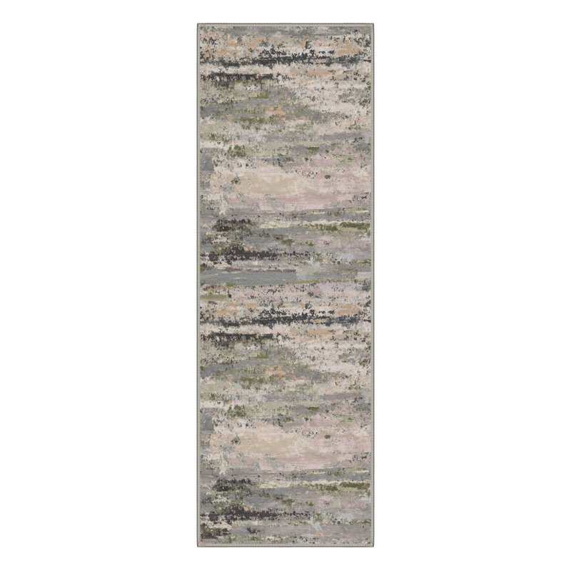 Lucchesi Abstract Machine Washable Grey / Pink / Green Indoor Area Rug with Non-Slip Backing, Runner 2'3" x 6'