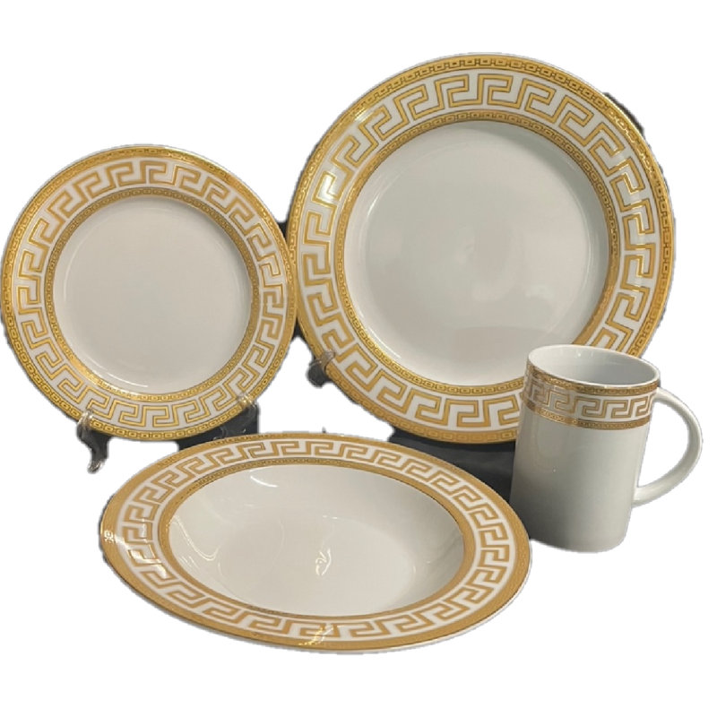 Service de table 16 pièces, service pour 4 Schwanda Greek Key, Doré / Blanc