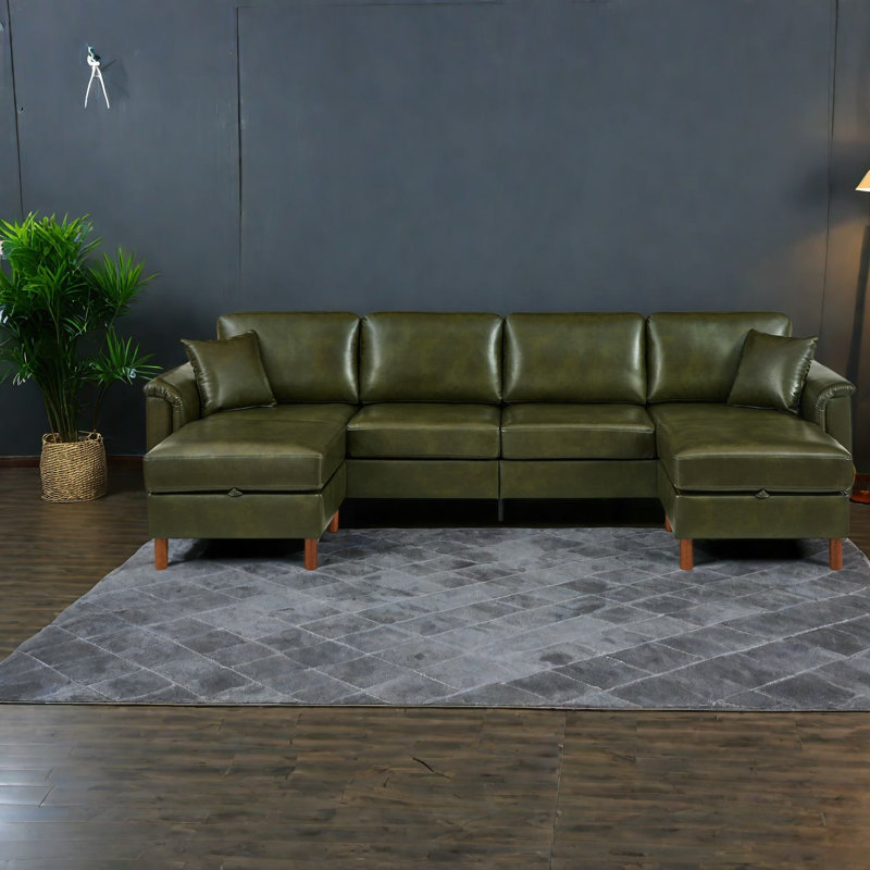 Sectionals with storage, 120 Inch PU Leather Rustic Sofa for Family Home, Green