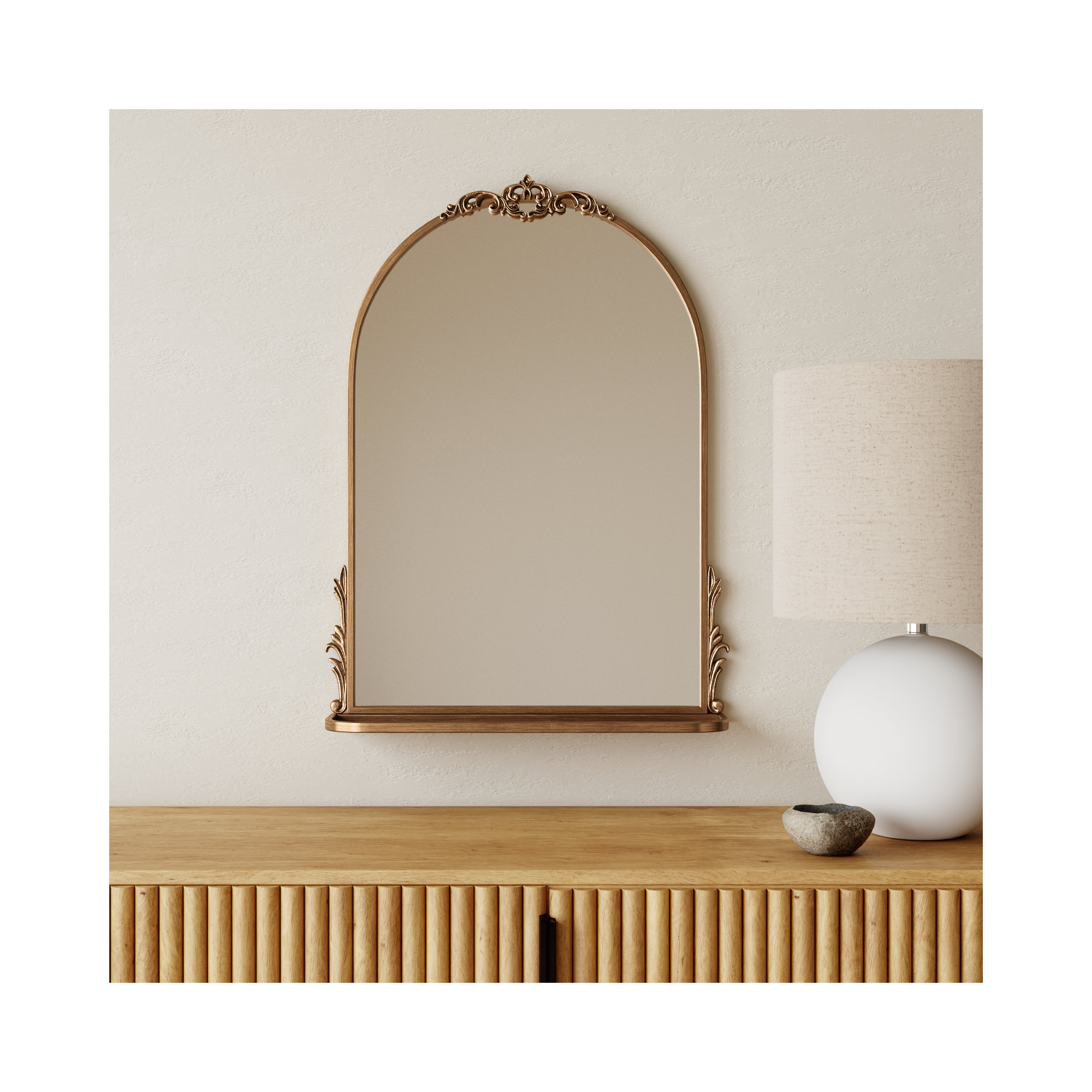 Canoby Metal Arch Mirror with Shelves, Gold