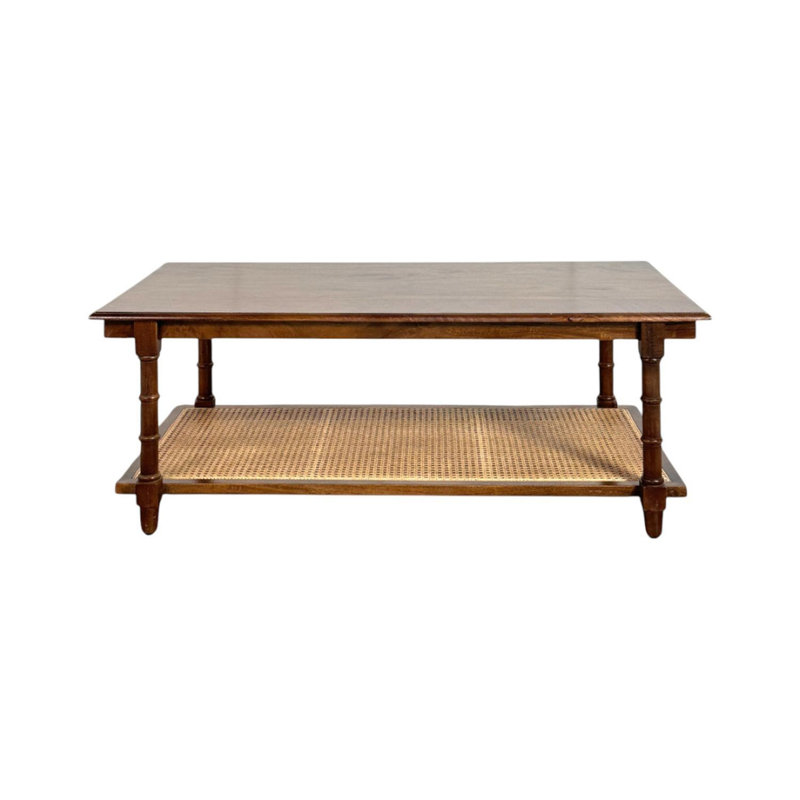 Elegant Brown 24x42x18 Inch Coffee Table with Open Rattan Shelf Storage, Chestnut