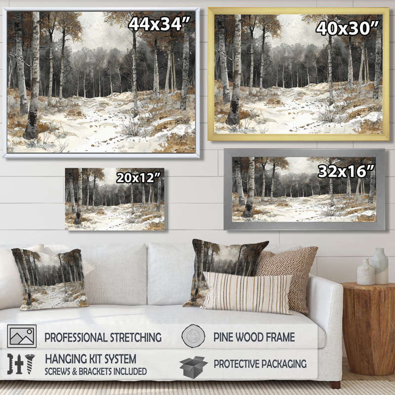 Winter Woodland Forest Landscape II - Art mural forêt, H 30 po x l 40 po, Impression dans un cadre flottant sans passe-parto