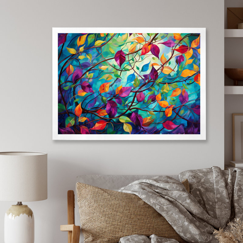 Multicolor Vibrant Vines I - Abstract Botanicals, art mural, H 12 po x l 20 po x P 1 po, Cadre simple blanc