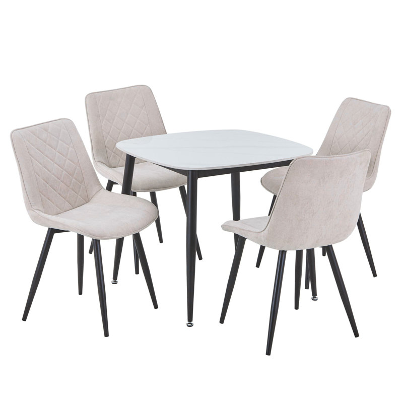 Aspen Sintered Stone Square Table with 4 Diamond Stitch Upholstered Fabric Chairs - Modern Dining Set, Natural