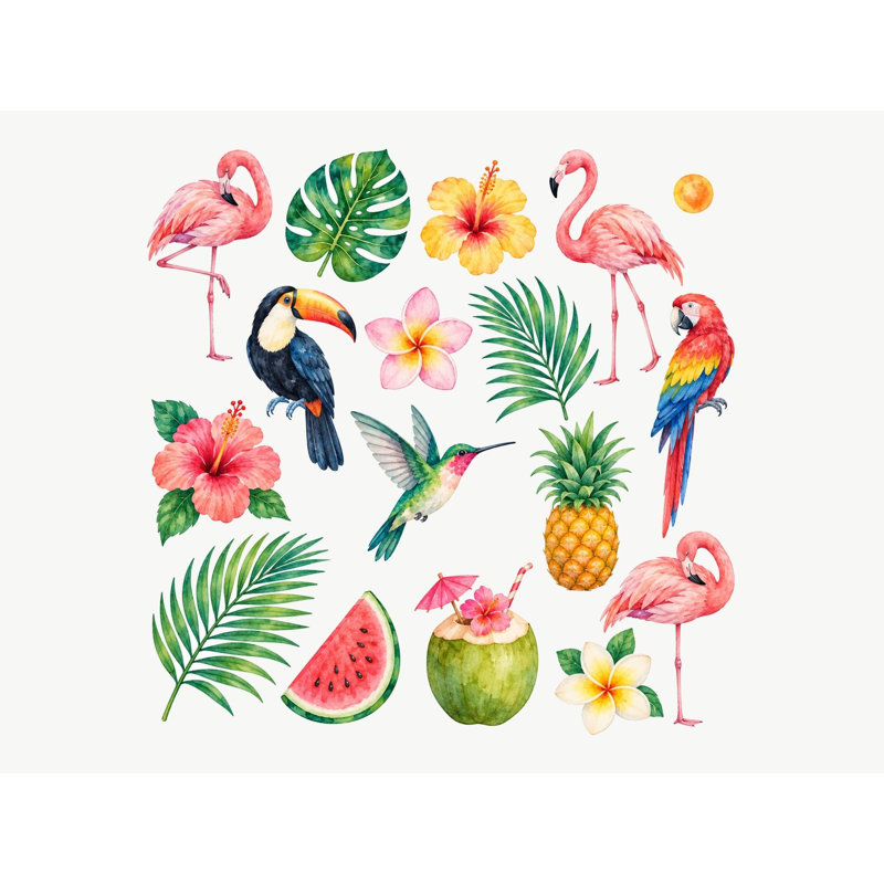 Flamingo Tropical Wall Decals, Set of 17 Peel and Stick Nursery Wall Stickers, Satin Finish Removable Kids Room Wall Art, 20"W x 20"H (50 x 50 cm)