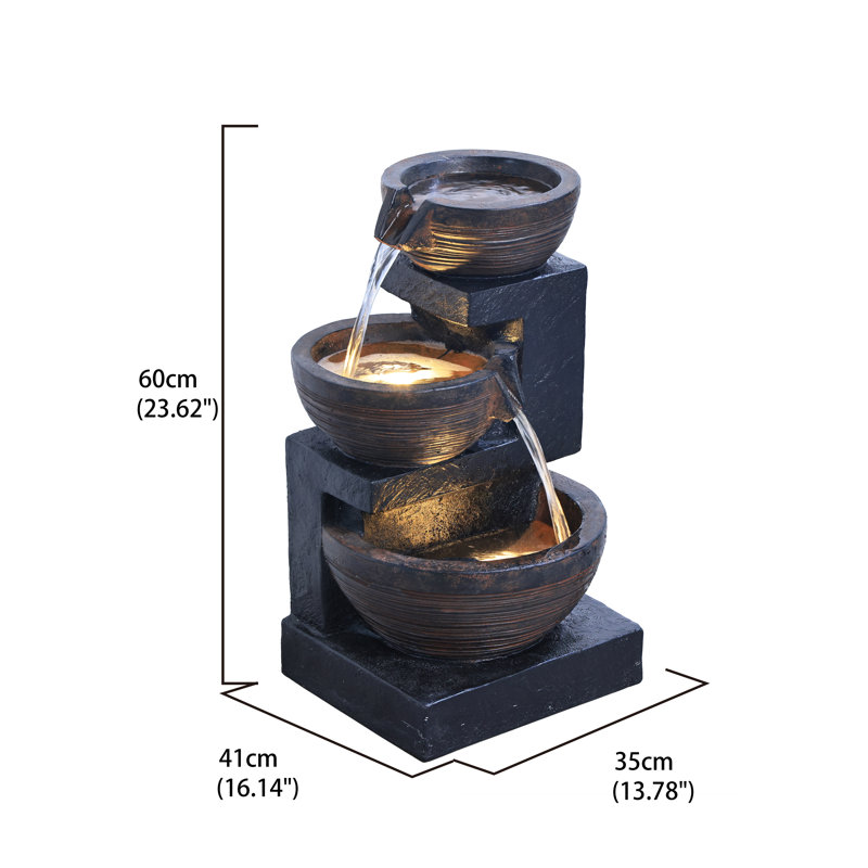 Cascading Bowl Fountain with Dual Warm White LED Lights, Black, 24" H x 13.5" W x 11.15" D