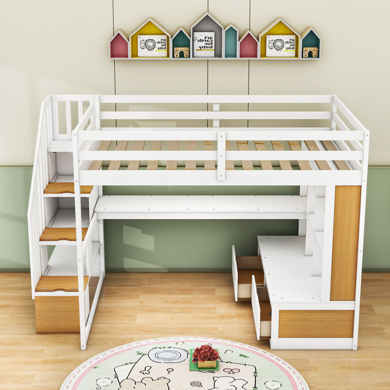 Kayd Full Size Loft Bed With Desk, Shelves, Storage Staircase And Drawers, Natural White