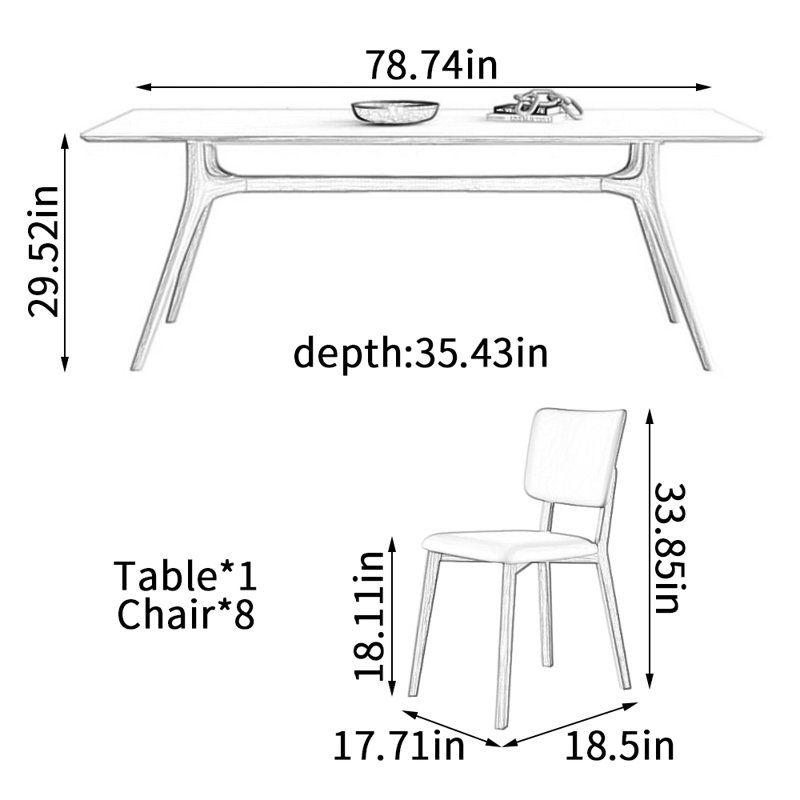 Table de salle à manger moderne et simple en bois de frêne durable, H 29,52 po x L 78,74 po x l 35,43 po