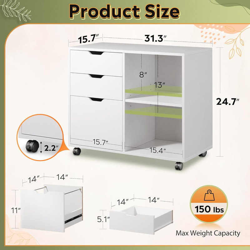 White 3-Drawer Wood File Cabinet - Mobile Lateral Filing Cabinet With Open Storage Shelves, Printer Stand For Home Office
