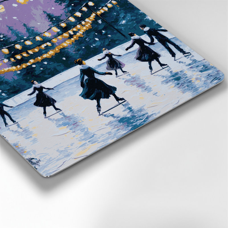 Art mural en métal bleu, patinoire de Noël avec lumières des Fêtes, H 16 po x l 16 po