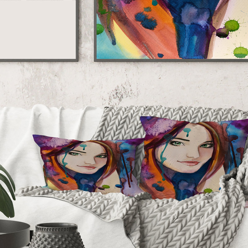 Portrait de jeune femme, housse de coussin rectangulaire et insert