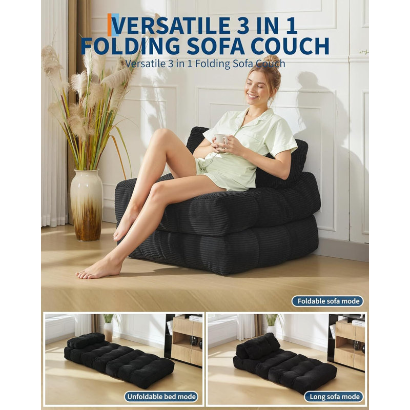 Canapé-lit pliant, fauteuil-lit et coussin, Noir
