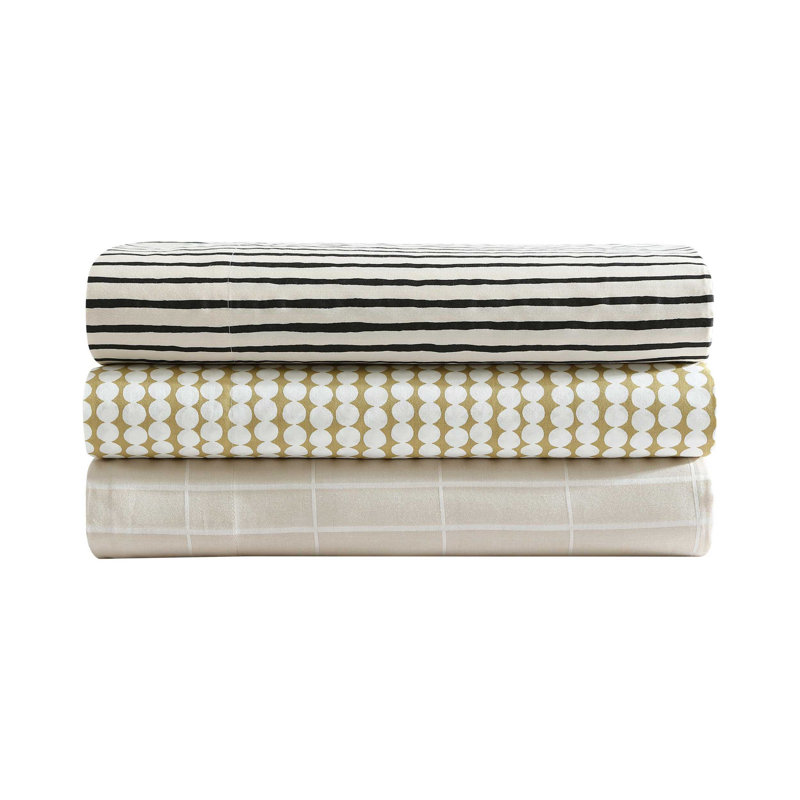 Marimekko Printed Organic Cotton Percale Sheet Sets, King Sheet Set with 2 Pillowcases, Black Striped