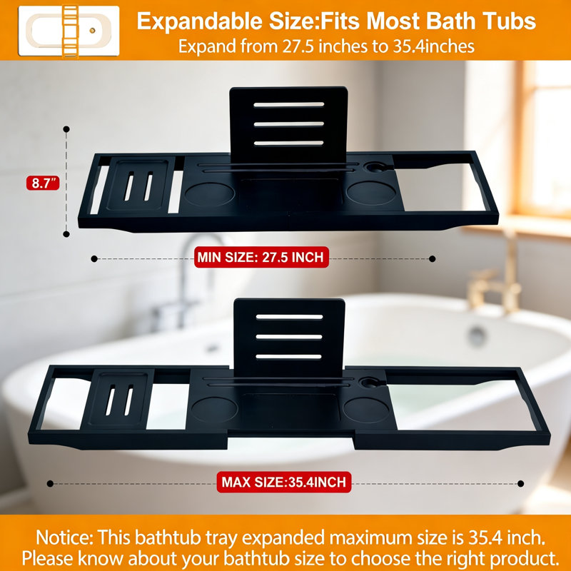 Plateau de baignoire extensible noir, compatible avec la plupart des baignoires, 1.18" H x 35.4" W x  8.7" D