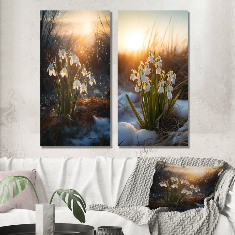 «Green Snowdrops Winter Sunset» - ensemble d'art mural en métal 2 Snowdrops, H 28 po x l 24 po