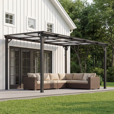 Wall-Mounted Aluminum Pergola, Modern Hardtop Gazebo with UV-Protected Polycarbonate Roof