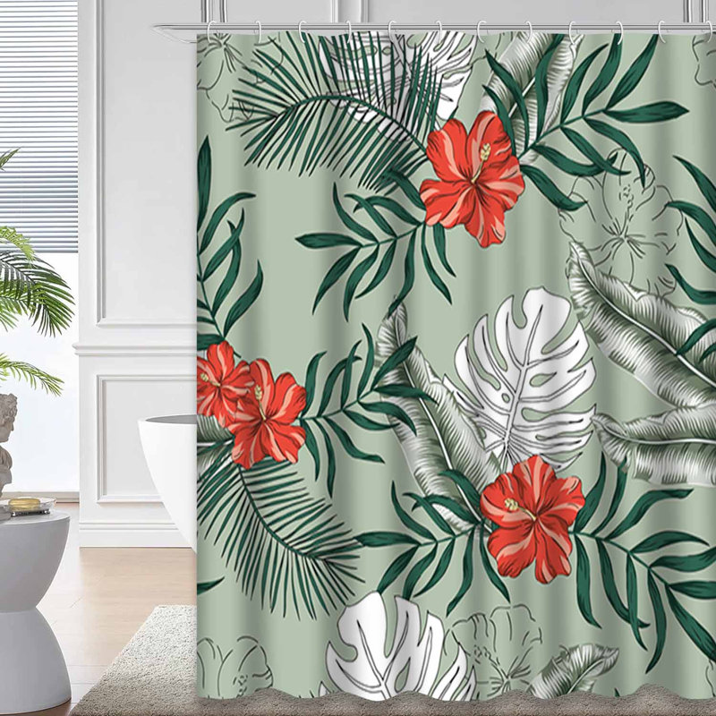 Rideau de douche imperméable à motif de feuilles de palmier tropical vert et vert avec 12 crochets, L 72 po x l 78 po