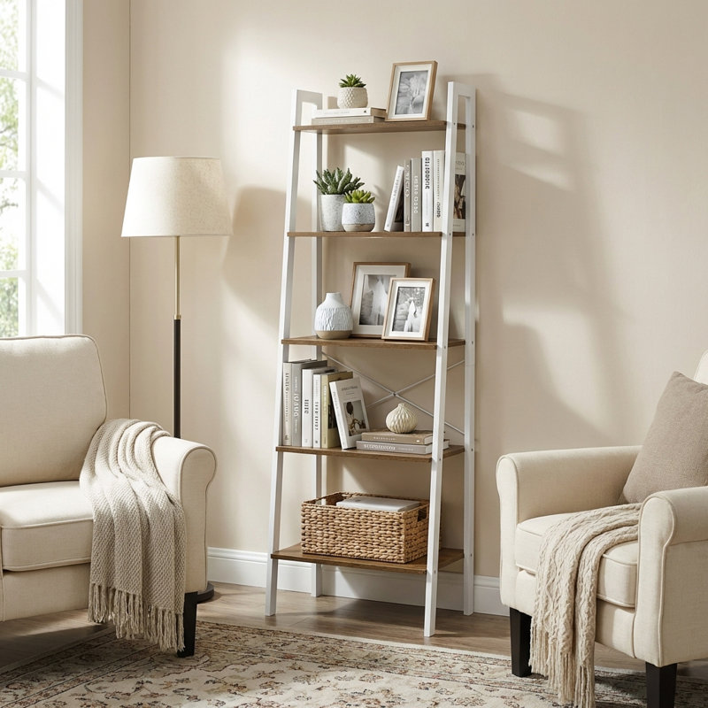Jabari 67.9" H Metal Ladder Bookcase, White/Rustic Brown