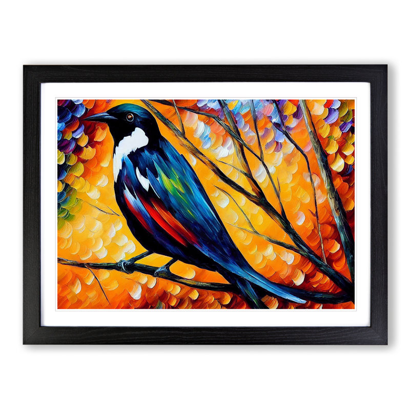 Magpie Bird Vol.2 Abstract - Single Picture Frame Painting, Black, 46cm H x 64cm W x 2cm D