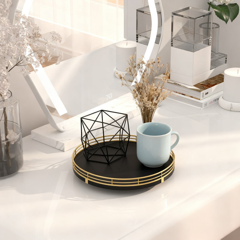 Rotating Wood Tray With Metal Frame, Multi-Purpose Organizer For Bathroom Vanity, Dresser, Kitchen Countertop, And Coffee Table Decor