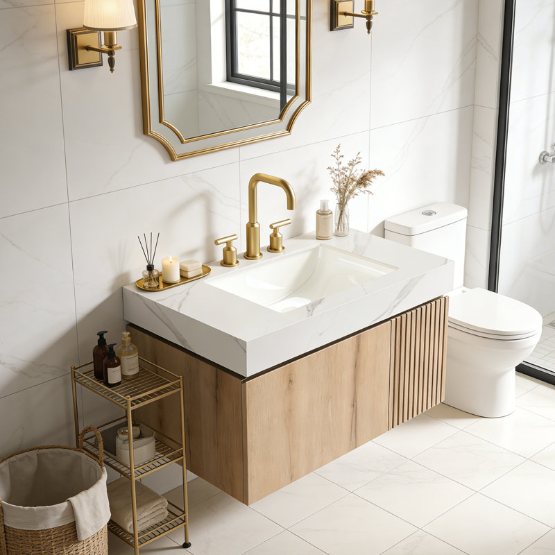Meuble-lavabo flottant avec espace de rangement multifonctionnel et 3 trous de robinet pré-percés, Chêne blanc, 36"