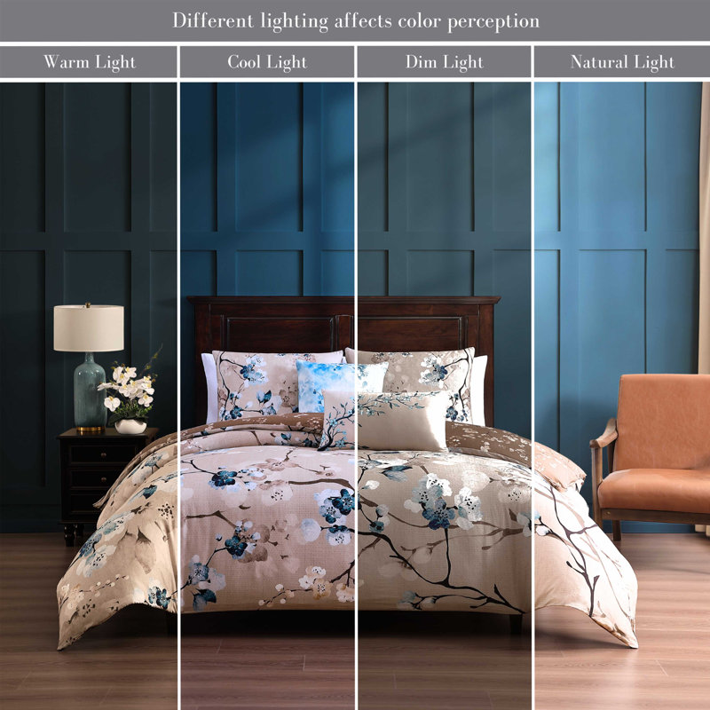 Taupe and Blue Cotton Queen Reversible Comforter Set