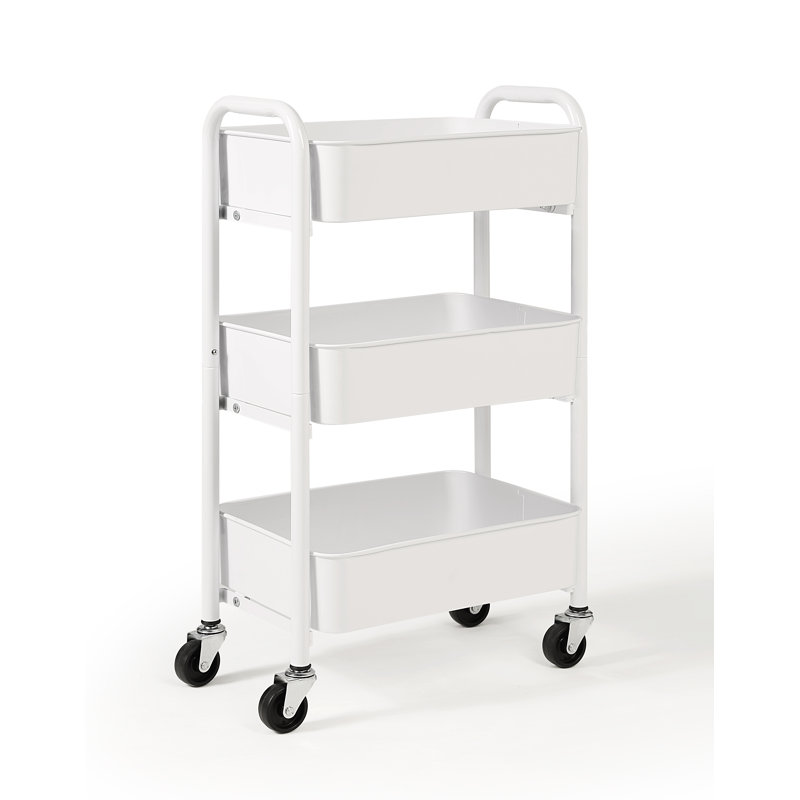 White Compact 3-Tier Metal Rolling Utility Cart with Caster Wheels