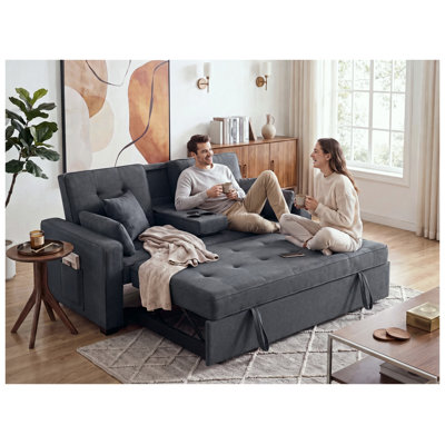 Canapé-lit convertible deux places Cody II 70 po en lin gris foncé avec console rabattable, porte-gobelets et ports de chargement USB/USB-C