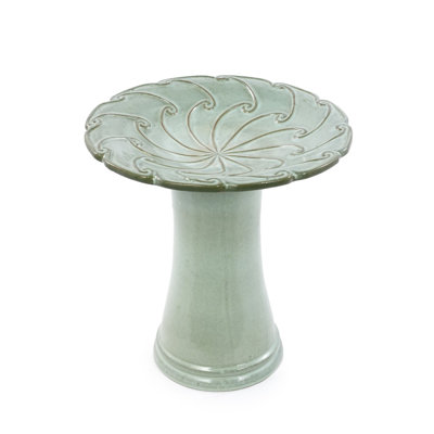 17" Embossed Ceramic Bird Bath with Pedestal Base