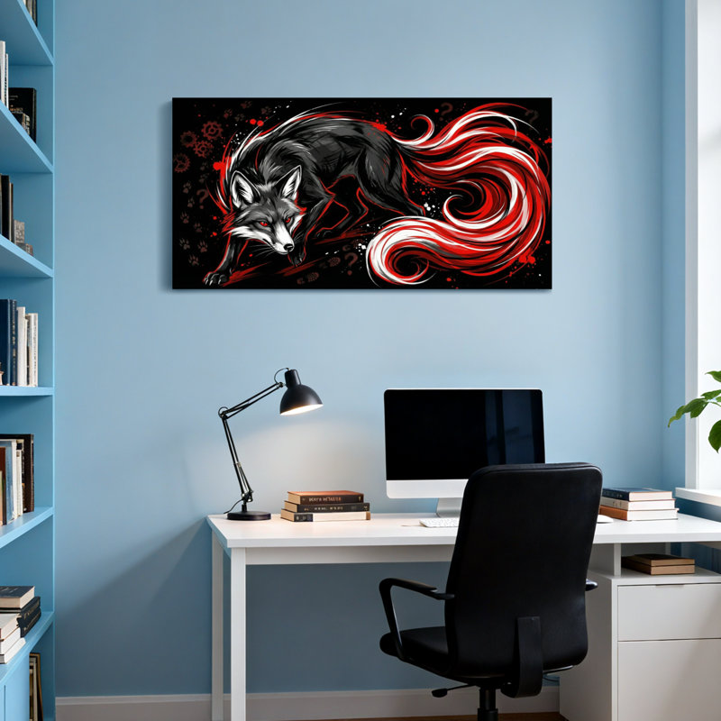 Animaux, renard noir avec queue rouge et fond mécanique, H 28 po x l 58 po