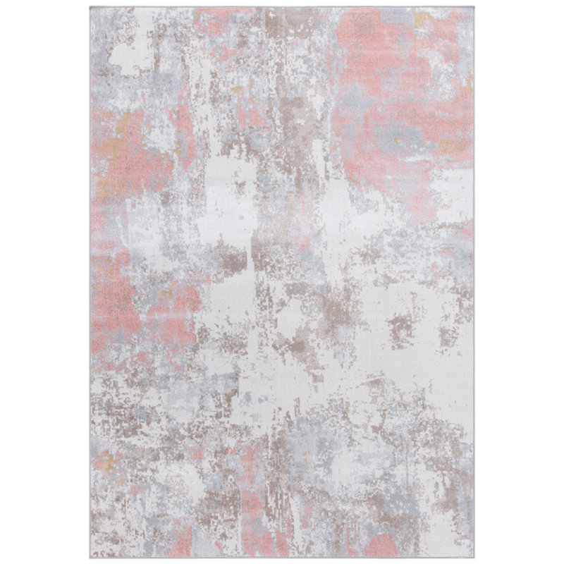 Braidy Abstract Handmade Flatweave Polyester Area Rug in Ivory/Gray/Pink, Rectangle 6'7" x 9'
