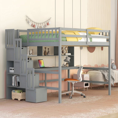 Full Size Loft Bed With Build-in Desk, Bookcase, Shelves, Storage Stairs by Harriet Bee