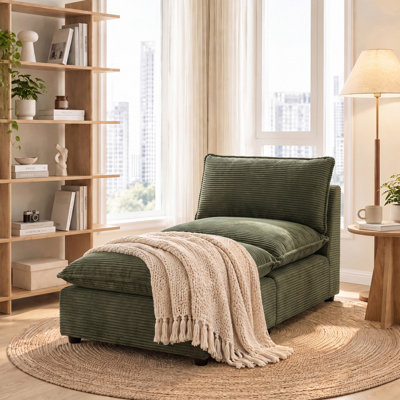 Armless Accent Chaise Lounge Chair, Chenille & Corduroy Upholstered Single Sofa for Living Room, No Storage Ottoman