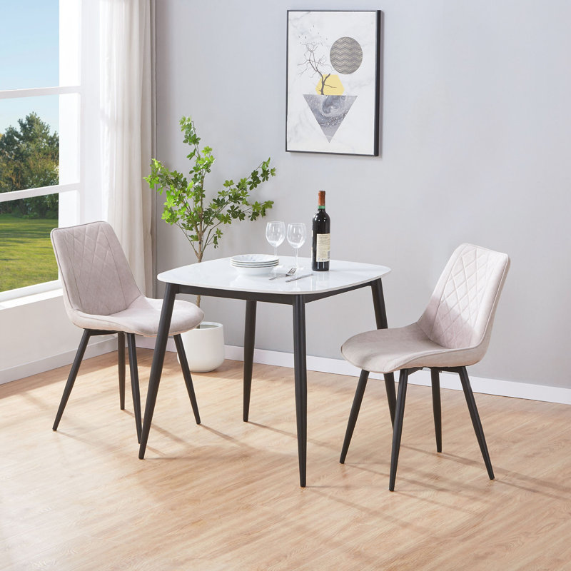 Aspen Sintered Stone Square Table with 2 Diamond Stitch Upholstered Fabric Chairs - Modern Dining Set, Natural