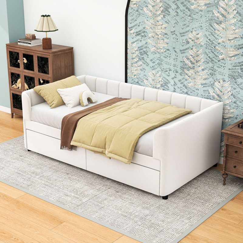 Lit de jour simple tapissier 2 tiroirs avec lattes robustes, Beige