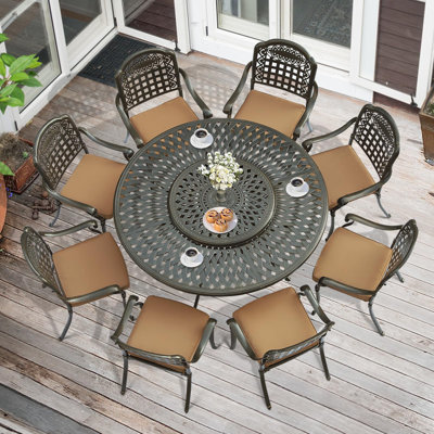 10-piece Outdoor Furniture Dining Set, All Weather Cast Aluminum Patio Garden Set With 8 Cushioned Chairs, 61" Round Patio Dining Table With Detachable Lazy Susan, 2" Umbrella Hole