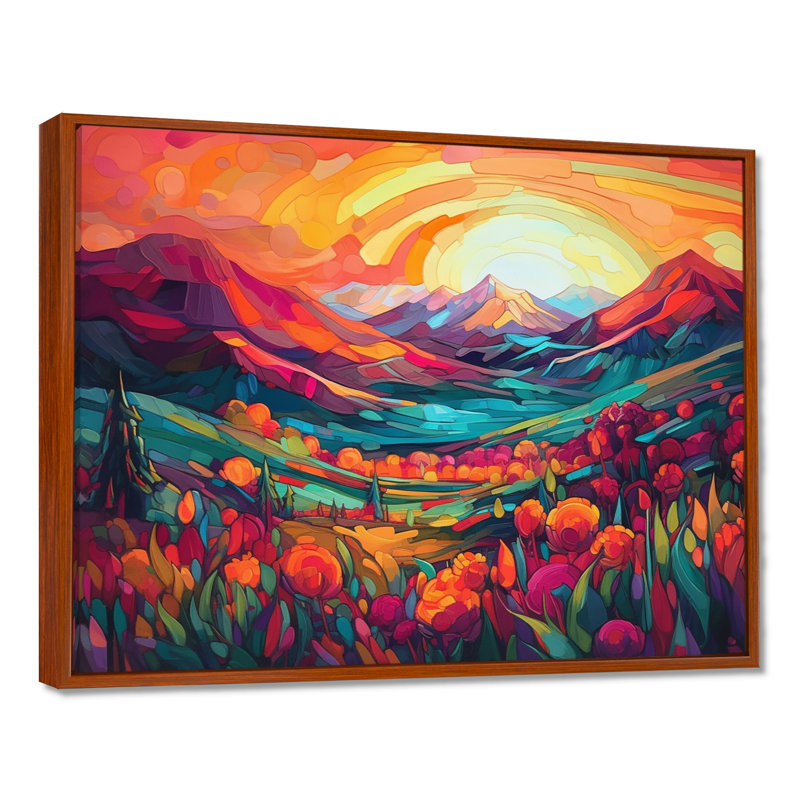 «Vibrant Sunset Shining Over Mountains I», art sur toile, H 16 po x l 32 po x P 1 po, Cadre flottant brun