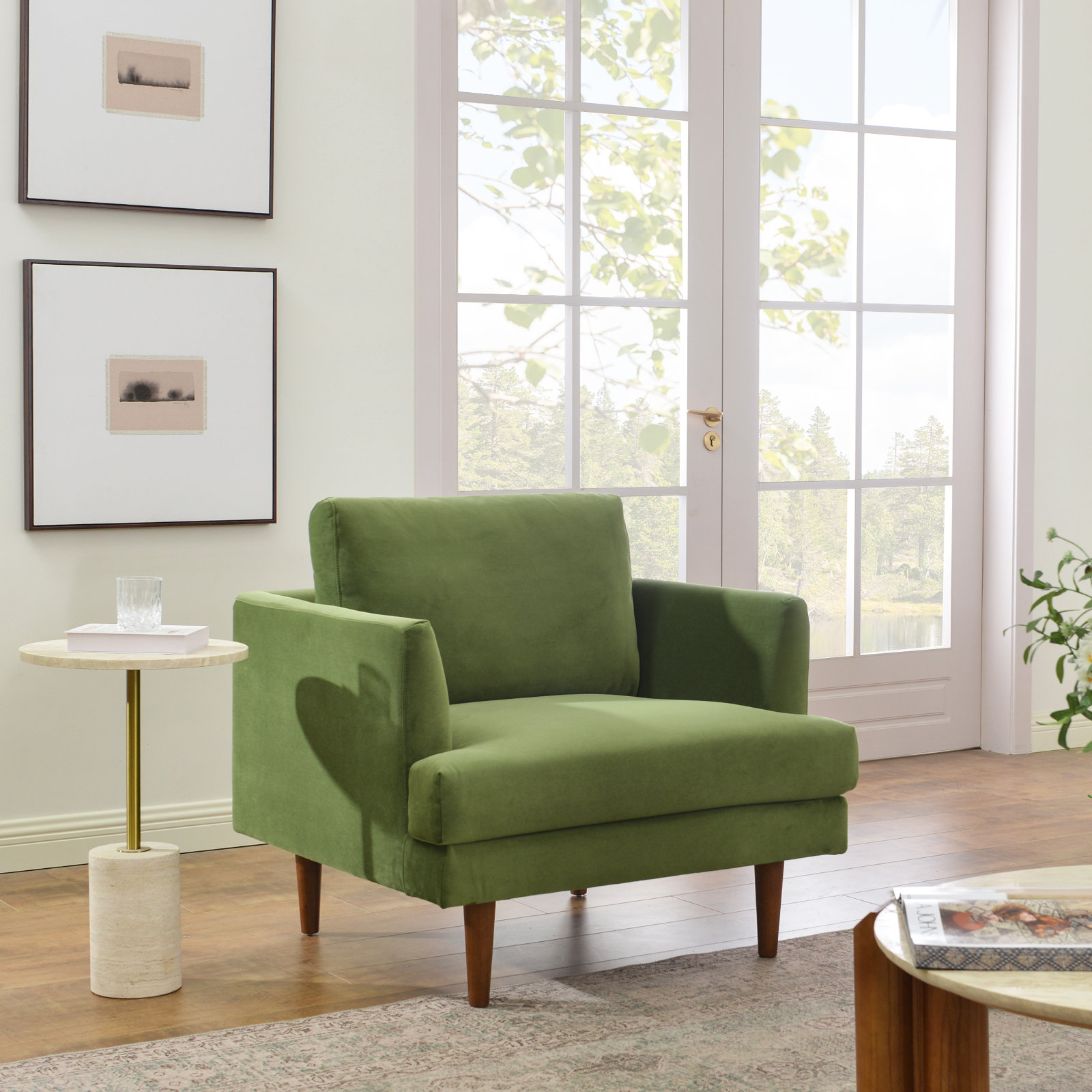 Miller Walnut Armchair, Olive Green Velvet