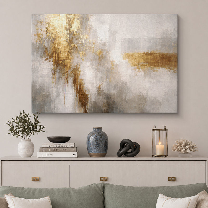 Œuvre abstraite abstraite blanc doré, photos de salon élégantes, impression sur toile encadrée, H 16 po x l 24 po x P 1,5 po