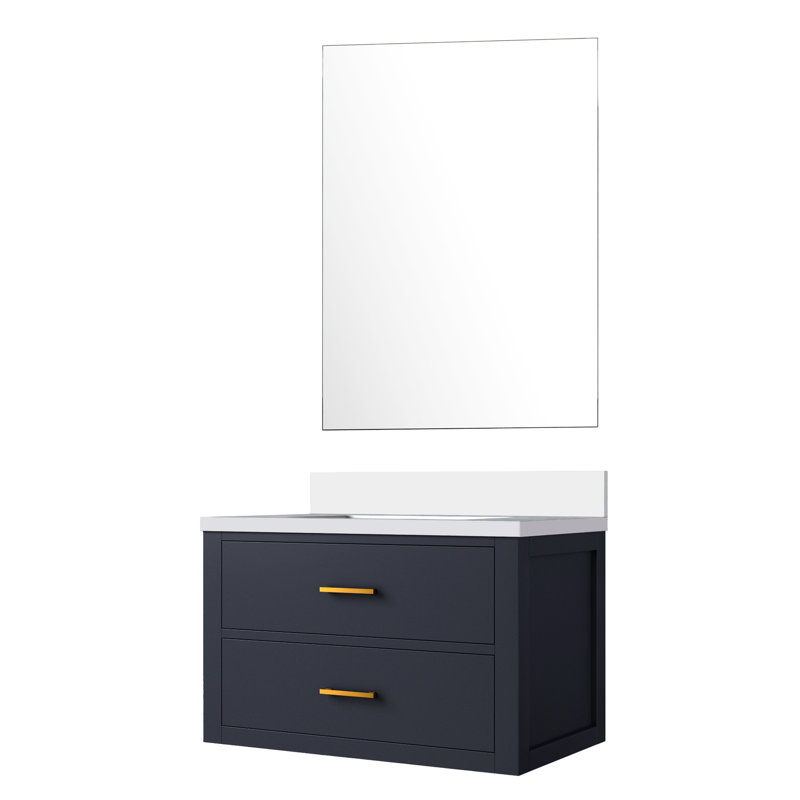 30 po L x P 22 po. Meuble-lavabo bleu avec comptoir en quartz blanc et miroir 28 po