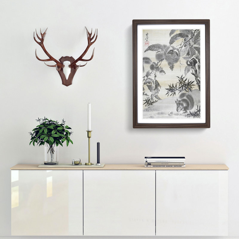 Squirrels Gathering Chestnuts by Kawanabe Kyosai - Picture Frame Painting Print, 36cm H x 27cm W x 2cm D, Walnut Framed