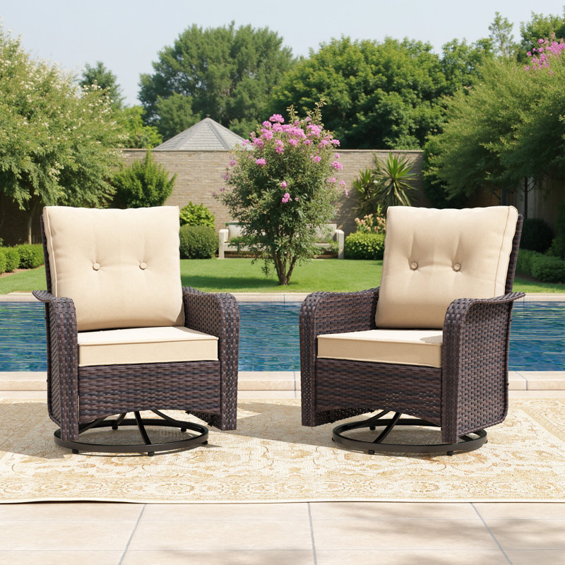 Rocking Swivel All-Weather Rattan Patio Chair With Cushions, Tan