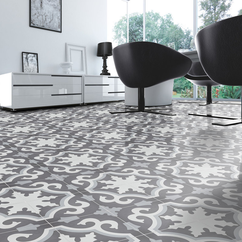Tanger 8" x 8" Cement Patterned Wall & Floor Tile, Dark/Light Gray