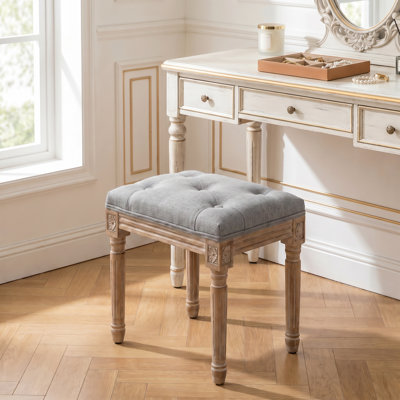 Accent Vanity Stool Makeup with Linen Upholstery & Carved Solid Wood Legs