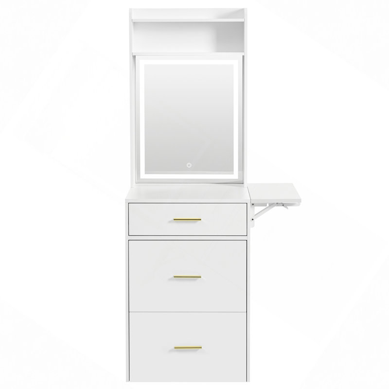 Bureau de coiffeuse, petit bureau de coiffeuse avec miroir et lumière, coiffeuse avec station de charge et panneau rabattable pour les petits espaces, ensemble de coiffeuse de maquillage compact avec tabouret caché pour la chambre à coucher