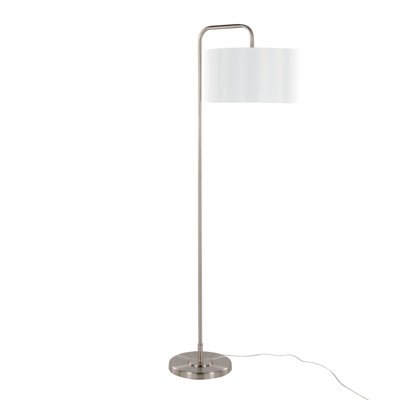 63" Contemporary Metal Floor Lamp in Brushed Nickel with White Linen Shade