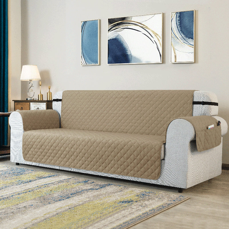 Housse de canapé pour canapé à 3 coussins, housse de canapé antidérapante pour chiens, housse de protection de meuble avec sangles élastiques et sangles élastiques pour chat (canapé, kaki)